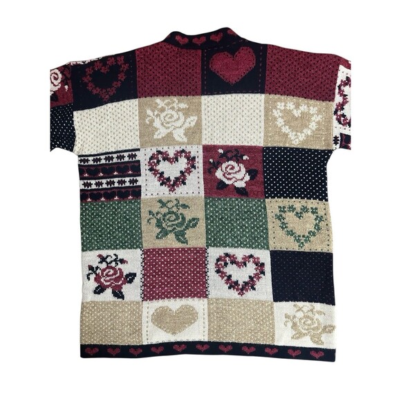 Vtg Adele Knitwear Pullover Sweater Hearts Roses Flowers Patchwork Quilt Design - Picture 5 of 5
